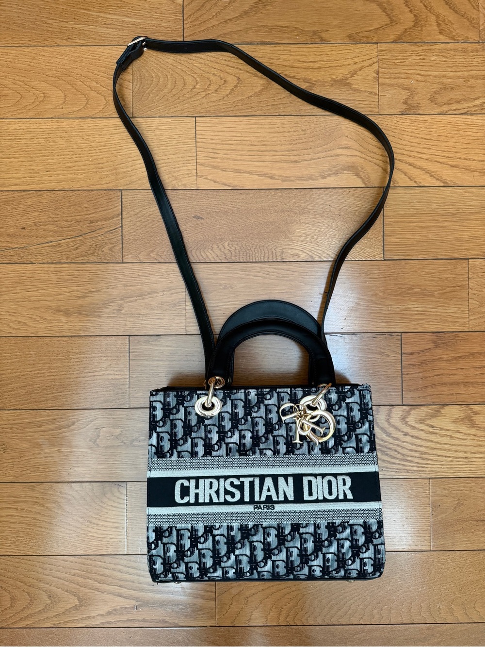 Black & Gray Logo Canvas Tote with Gold Charm